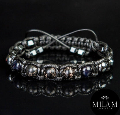 MÅNEDENS UTVALGTE /Trendy og Exclusivt Shambhala ArmbÅnd , Imperial Jasper, Blue Tigereye, Hematite,  unisex og justerbare