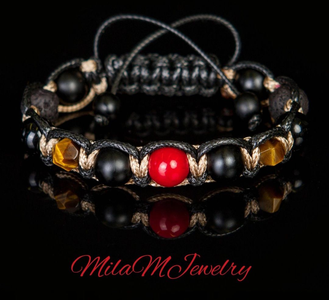 KAMPANJE / Trendy og Exclusivt Shambhala ArmbÅnd, RED CORAL * Tiger Eye * Black Onyx * Lavastone Stone Design, unisex,