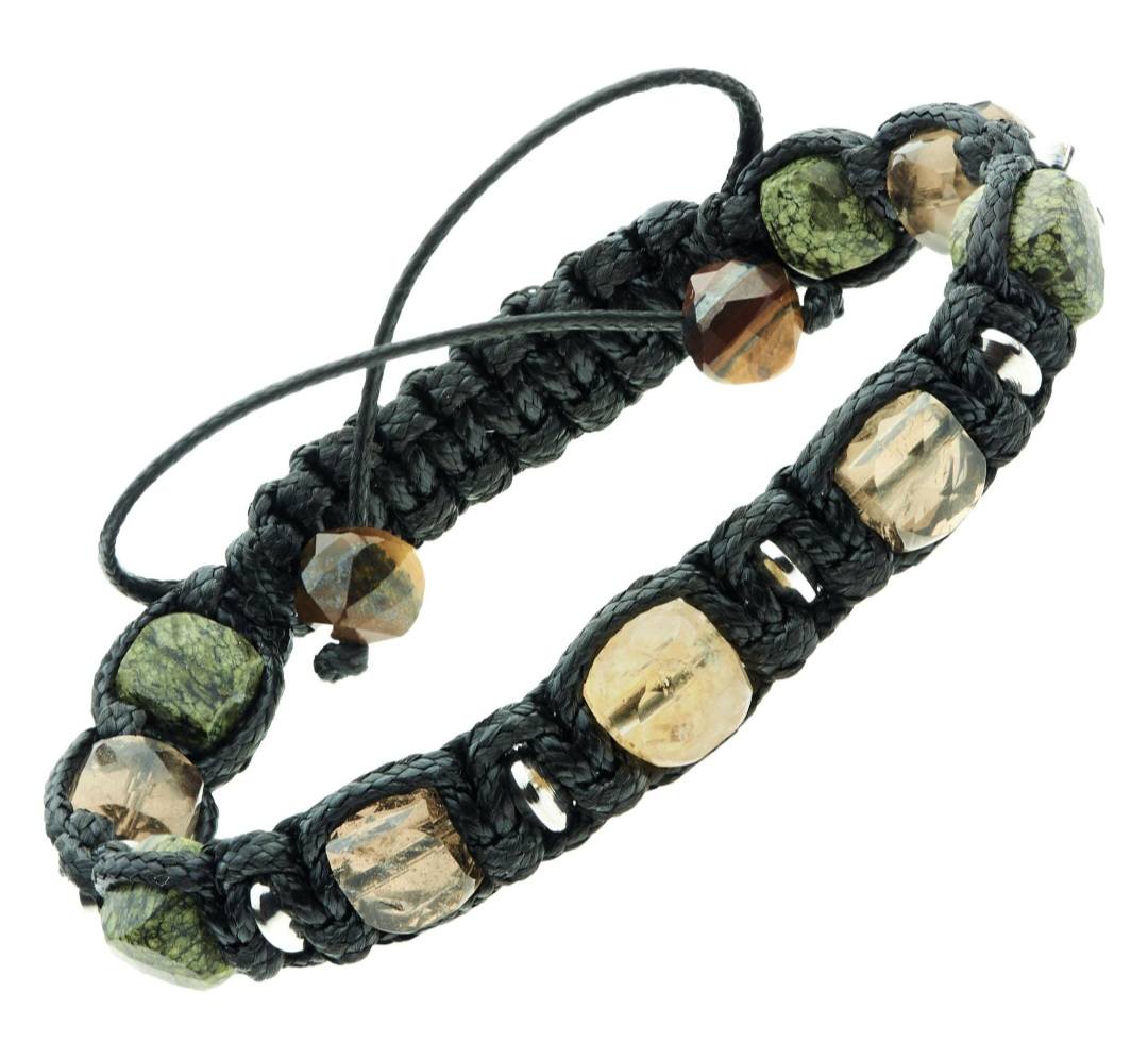 New 2025 Design / Trendy og Exclusivt Shambhala Armbånd, Yellow Citrine Cube, Smoky Quartz, Serpentine, Tiger eye Stones • Silver Details • Wealth &amp; Protection Unisex - Justerbare