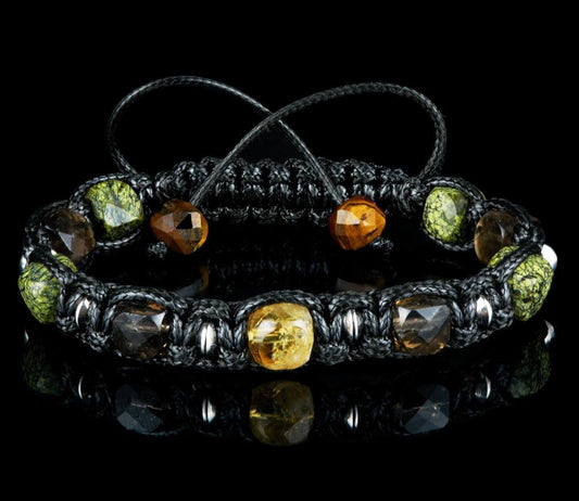 New 2025 Design / Trendy og Exclusivt Shambhala Armbånd, Yellow Citrine Cube, Smoky Quartz, Serpentine, Tiger eye Stones • Silver Details • Wealth &amp; Protection Unisex - Justerbare