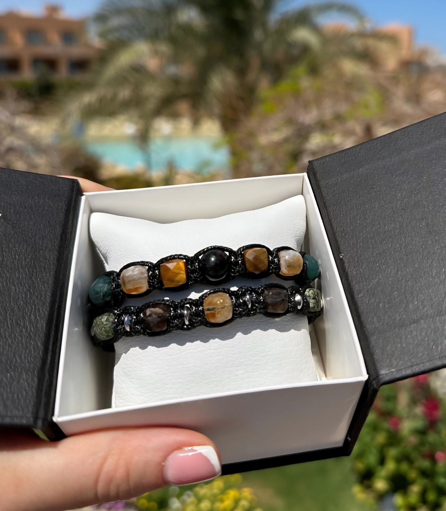 New 2025 Design / Trendy og Exclusivt Shambhala Armbånd, Yellow Citrine Cube, Smoky Quartz, Serpentine, Tiger eye Stones • Silver Details • Wealth &amp; Protection Unisex - Justerbare