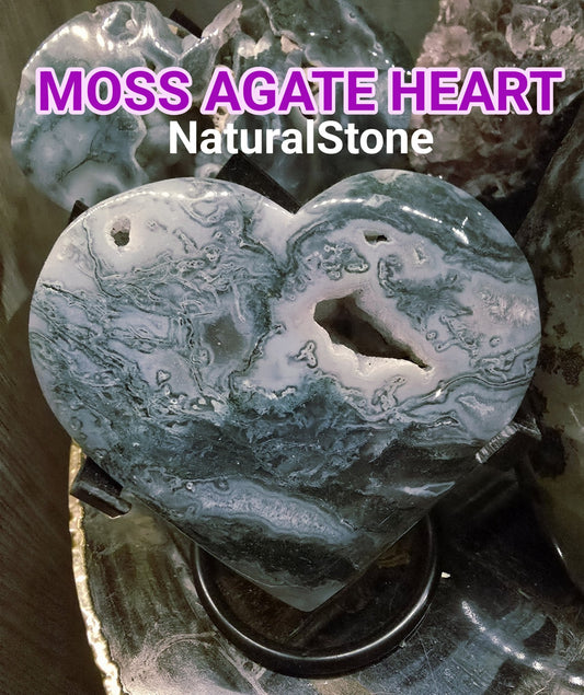 Large Moss AGATE Geode Heart w/Metal Stand, ca. 85 x80mm