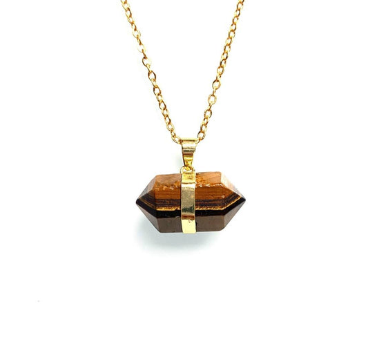 Nye, dobbelt terminert Tiger Eye anheng med kjede , Gold Electroplated