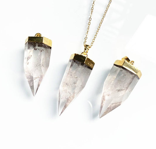 Klar Kvarts spissanheng med kjede, Goldplated