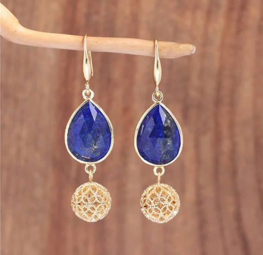 Elegante BOHEMIAN øredobber i Tear Drop Design m/krok, Goldplated - Lapis Lazuli