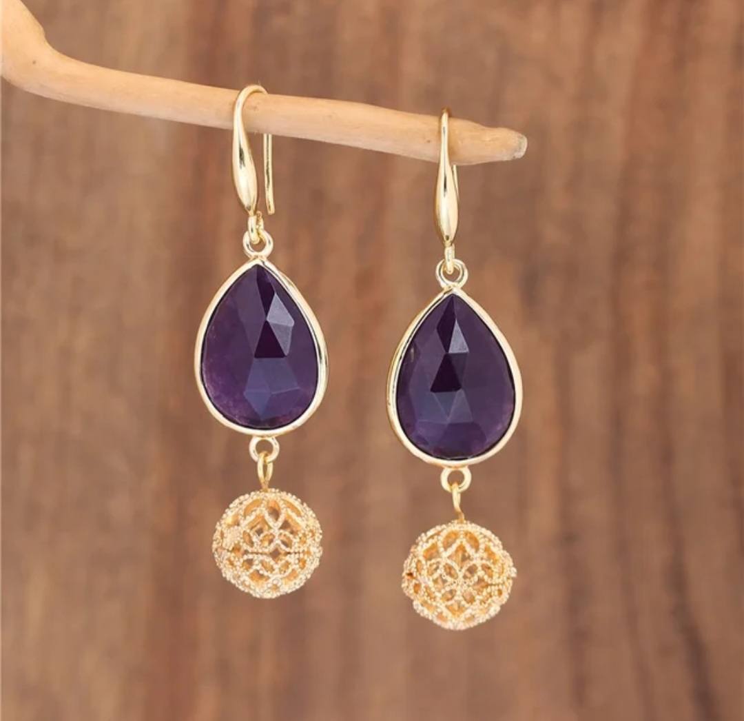 Elegante BOHEMIAN øredobber i Tear Drop Design m/krok, Goldplated - Ametyst