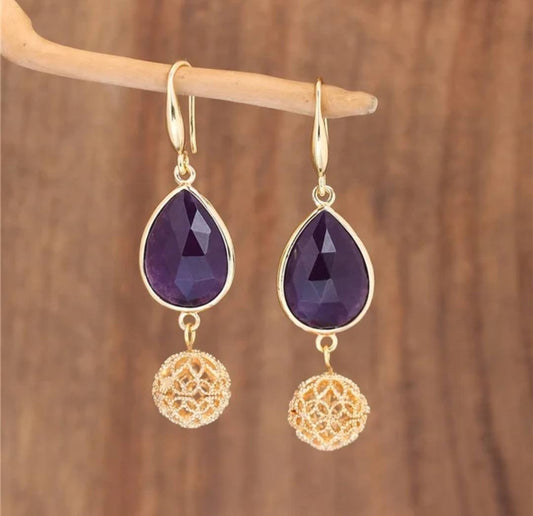 Elegante BOHEMIAN øredobber i Tear Drop Design m/krok, Goldplated - Ametyst