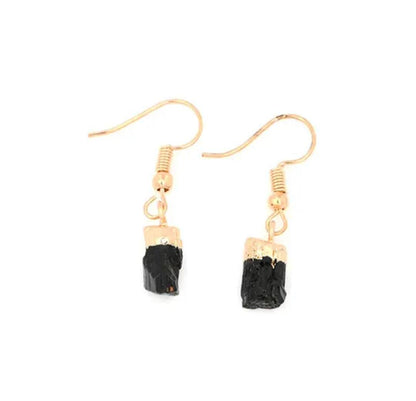 Elegante og enkle øredobber i Ice Cube Drop Design m/krok, Goldplated - RAW BLACK Toarmaline, Small Size
