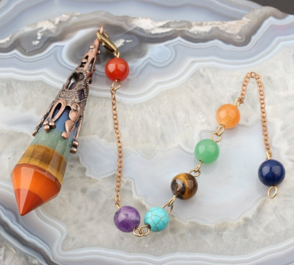 Nye, hÅndlagede pendler i Indisk Design, 7 Chakra med lenke, 80mm