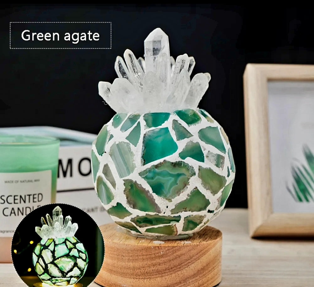 Ny, dekorativ Grønn Agat & Clear Quartz Krystallamper i " Pineapple " Design