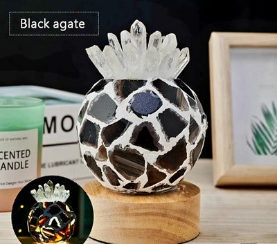 Ny, dekorativ Sort Agat & Clear Quartz Krystallampe i " Pineapple " Design