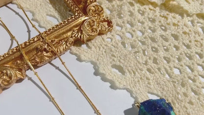 New Raw Azurite Pendant Cluster Necklace, "Spiritual Enlightment - "Third Eye, 24K Gold-Plated Chain