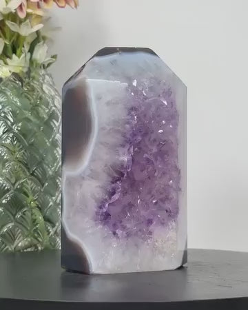 Natural Uruguay Amethyst & Blue banded Agate Stone Tower AAA+ Quality Geode, 19x9.5cm, STP0153