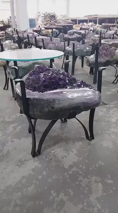 Extra Plus Brazilian Amethyst Geode Sofa table Metal Frame Table w/Druzy big Cluster, 54kg - 45x44x41cm