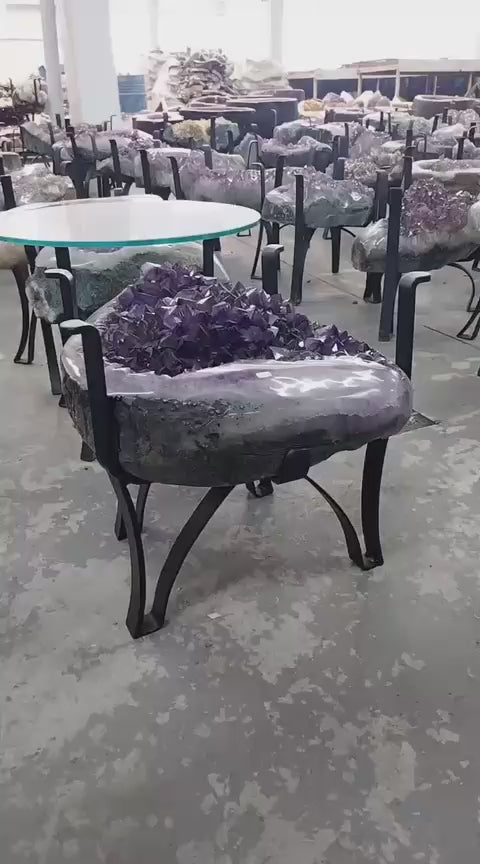 Extra Plus Brazilian Amethyst Geode Sofa table Metal Frame Table w/Druzy big Cluster, 54kg - 45x44x41cm