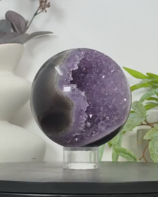 Large Natural Uruguay Amethyst & Agate Sphere Geode - SPH0159, 11.8cm