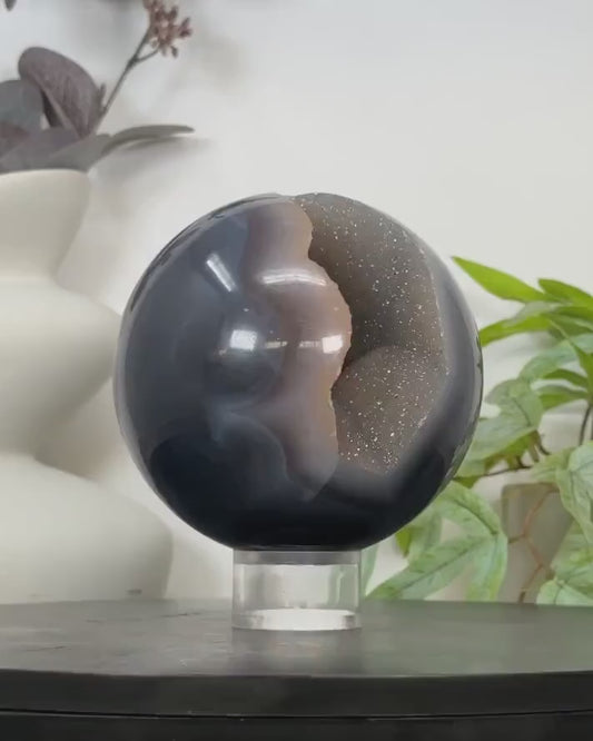 Banded Uruguay Agate & Quartz Druzy Sphere Geode - SPH0186, 11.8cm