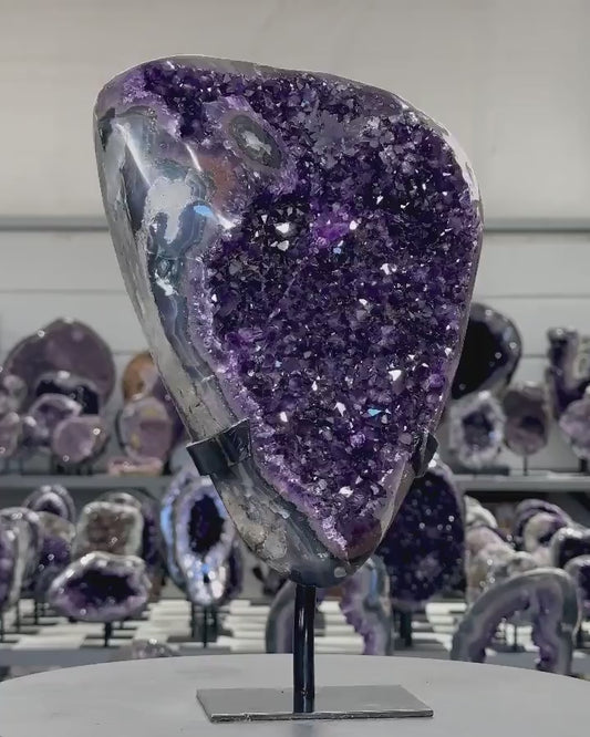 Deep Purple Amethyst Geode on Metal Stand – Stunning Crystal Display - MWS2716, 30x18x9cm, 3kg