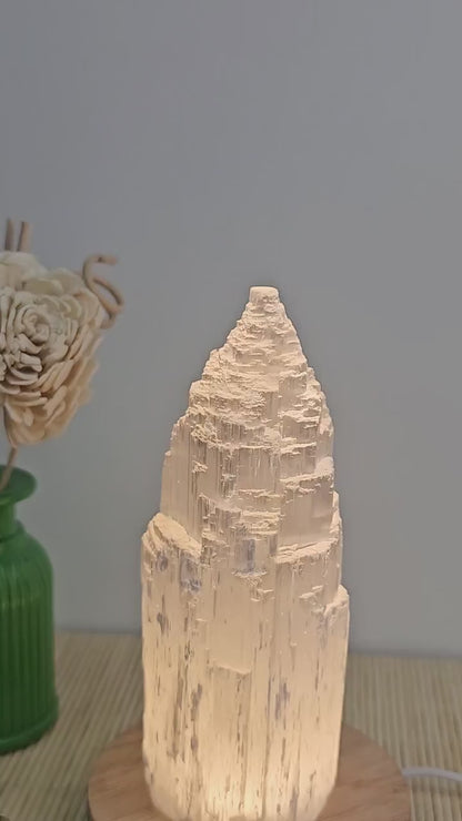 Selenite Iceberg Tower Crystal Lamp with LED Wooden Base, ca. 15x5cm, Medium