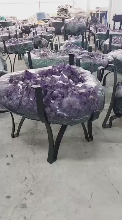 Extra Plus Amethyst Geode Sofa Table Metal Frame Table w/Druzy big Cluster, 64kg, 60x50cm