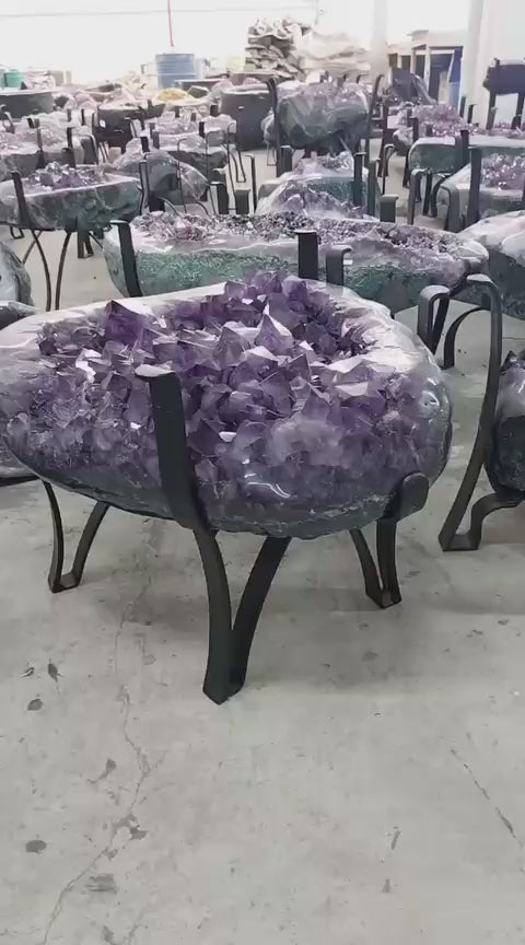 Extra Plus Amethyst Geode Sofa Table Metal Frame Table w/Druzy big Cluster, 64kg, 60x50cm