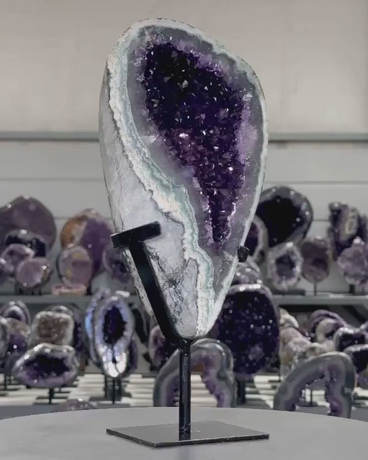 SPECIAL / Deep Purple ARTIGA Uruguay Amethyst Geode on Metal Stand – Stunning Crystal Formation for Shelf Display - MWS2701m 29x12x8cm, 1.8KG