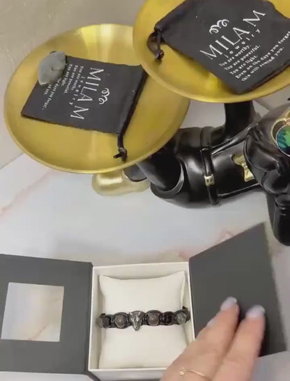 New 2026 Design / Trendy og Exclusivt Shambhala Armbånd, " Wolf Head " Protection Bracelet with Black Tourmaline, Black Moonstone, Larvikite, Smoky Quartz and Hematite