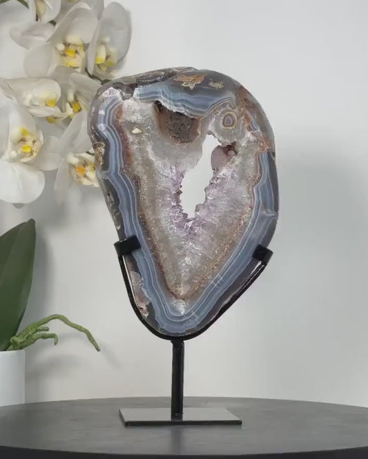 Blue Banded Agate Slice on Stand – Home Decor Display Specimen - MWS2663, 24x13cm w/stand