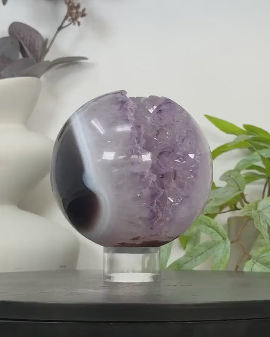 Amethyst & Banded Agate Sphere Geode with Druzy Crystal Cavity - SPH0182, 11.8cm