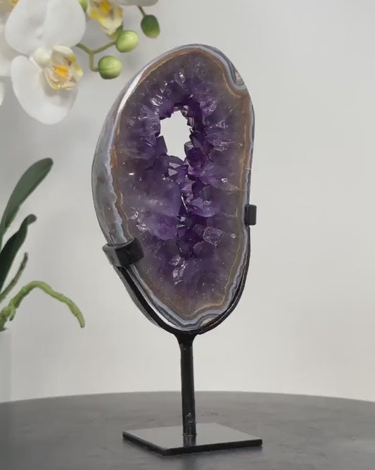 Deep Purple Amethyst & Blue Agate Geode Portal Slice w/Metal Stand, 18x8cm - MWS1672
