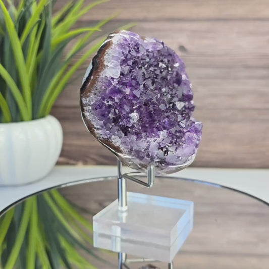 Amethyst Heart Geode with Agate Bands – Deep Purple Uruguayan Crystal on Acrylic Stand, ca. 10cm - 490gram