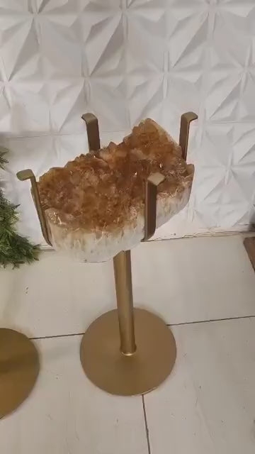 KAMPANJE / HIGH QUALITY BRAZILIAN CITRINE ( Heated ) CLUSTER GEODE COFFEE / SOFA TABLE SET , Totalvekt ca. 20kg. - 29x21cm + 28x24cm - Høyde 58cm