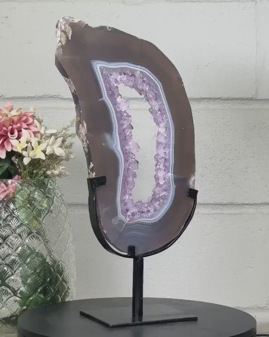XXL Agate Slice with Amethyst Crystal Center for Home or Office Display - MWS2669, 40x20cm w/stand