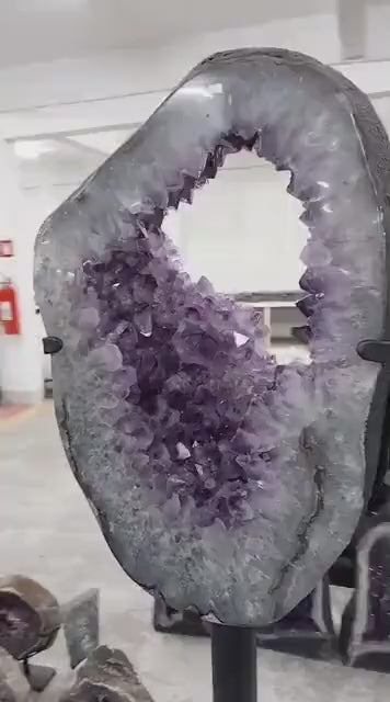BIG Brazilian Amethyst Portal on Spinning Stand. Natural Crystal Geode, 63kg - 65cm x 50cm , m/stativ 95cm