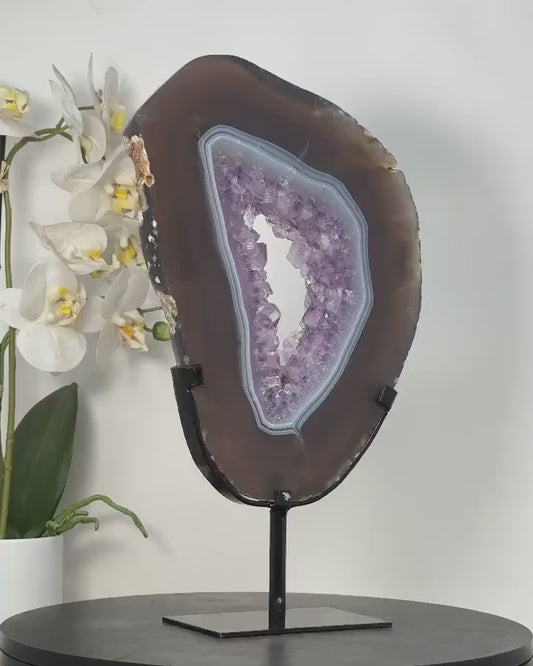 Large Uruguay Amethyst and Agate Slice Portal with Stand for Home Decor Display - MWS2667, 34x20cm w/stand