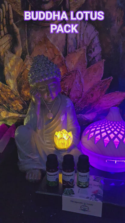 HØSTENS HOME DECOR PAKKE - SUPERDEAL / BUDDHA STATUE w/Lotus Flower Light + Extra Free Bonus Lotus Flower + Lotus Diffuserpakke m/Oljer