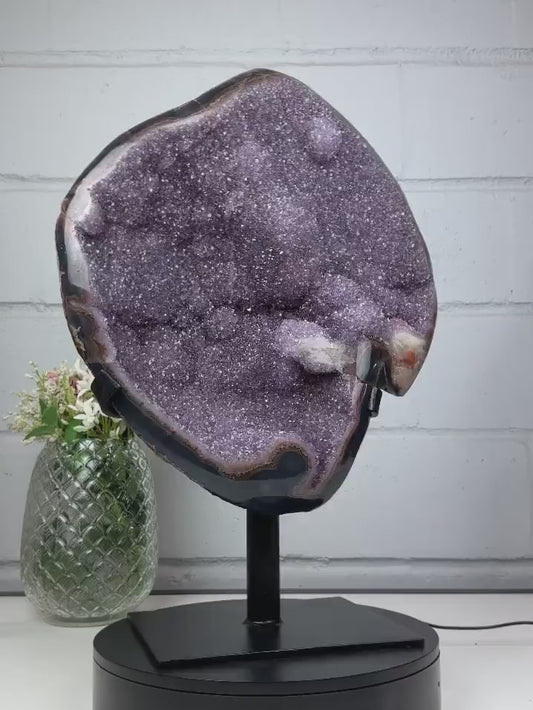 Unique XXL Uruguay Lavender Amethyst Cluster with Agate Shell and Metal Stand, 54.5x39x29cm - AWS1430