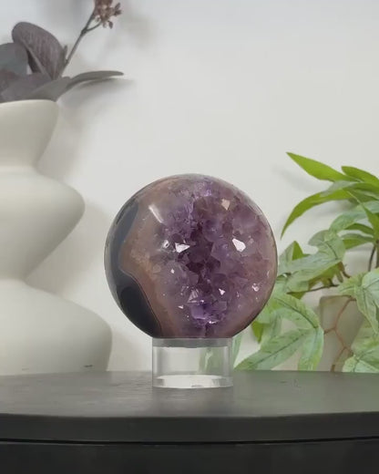 Amethyst Druzy & Agate Sphere Geode from Uruguay - SPH0173, 8.9cm