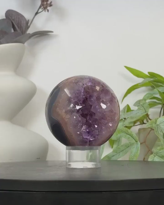 Amethyst Druzy & Agate Sphere Geode from Uruguay - SPH0173, 8.9cm