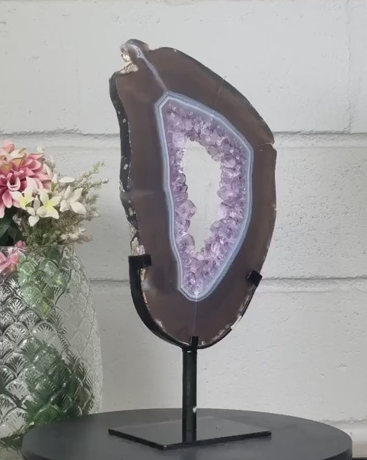 Natural Amethyst Geode Slice with Amethyst Crystal Center for Home Decor - MWS2671, 38x20cm w/stand