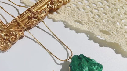 New Raw Malachite Pendant Gold Cluster Necklace, “Stone of Transformation”, May Birthstone, 24K Gold-Plated Chain