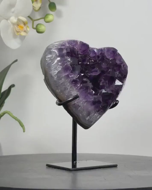 A+ Grade Natural URUGUAY Amethyst Heart Carving with Metal Stand, Large Crystal Heart Carving, Unique Piece, HST0239 , 14x11cm - 780gram