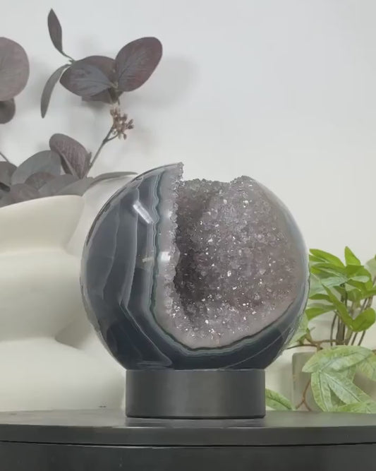 Premium Natural Uruguay Banded Agate & Quartz Druzy Sphere Geode - SPH0168, 15.8cm