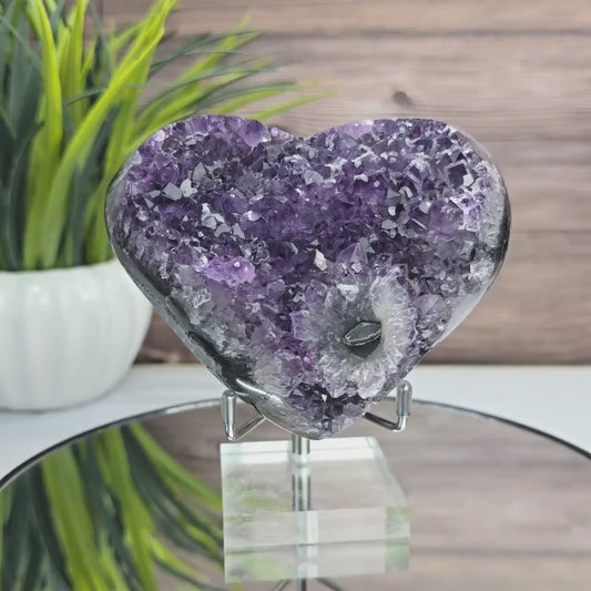 Uruguay Amethyst Heart with Stalactite Eye & Calcite Formation – Agate Bands & Natural Basalt Back, ca 10cm - 674gram