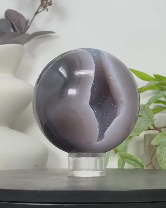Natural Blue Banded Agate & Druzy Sphere Geode - SPH0161, 11.8cm