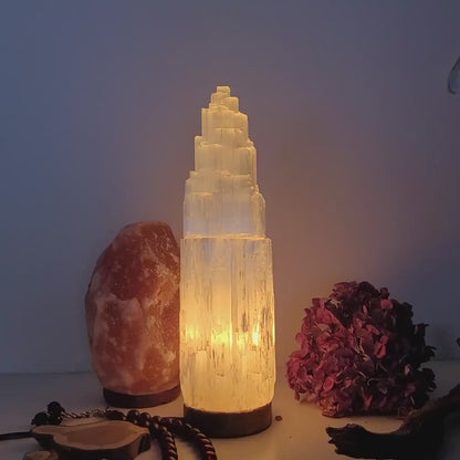 Selenite Iceberg Tower Crystal Lamp with LED Wooden Base, ca. 40cm, XXLarge