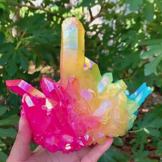 XL Rainbow Aura Quartz Cluster, Titanium Coated Natural Crystal Healing Home Decor, 700 - 800gram