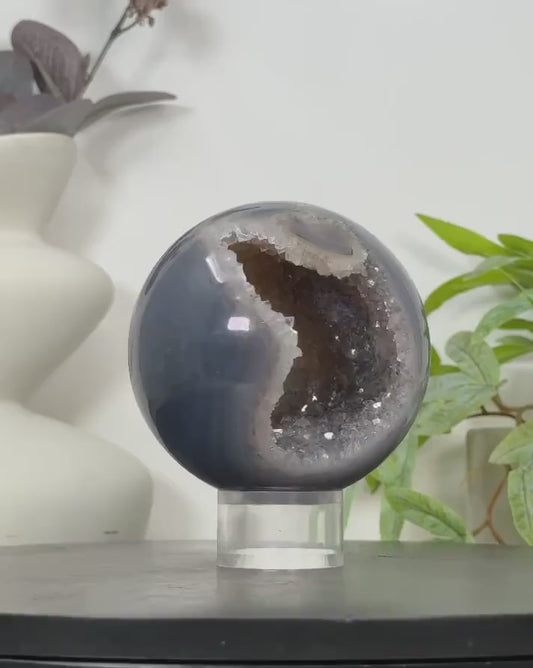 Banded Uruguay Agate & Quartz Druzy Sphere Geode - SPH0154, 9.9cm