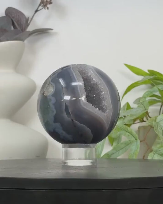 Banded Agate Sphere Geode with Quartz Druzy Crystal Interior - SPH0181, 9.9cm