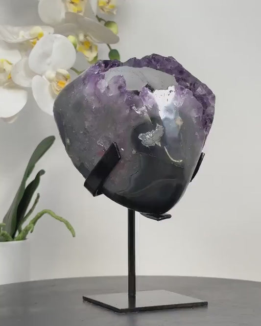 Beautiful Uruguay Amethyst Geode with Calcite & Black Hematite - MWS1679, 2.2kg - 19.5 x 12.5cm